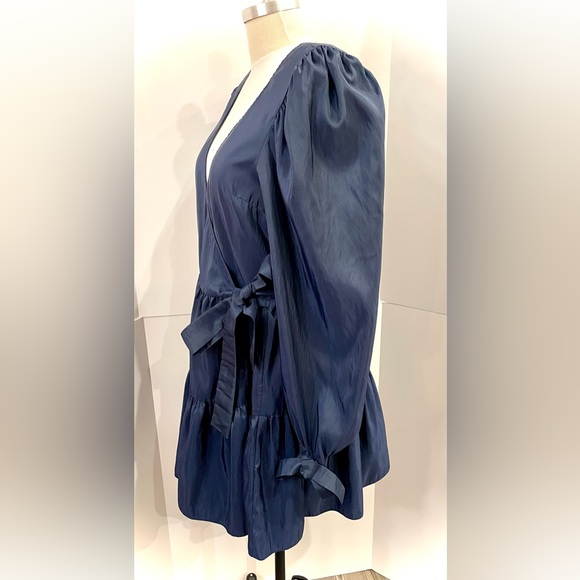 ASOS Design Wrap Front Smock Mini Dress in Navy Blue Taffeta, Size 12 - Picture 3 of 10